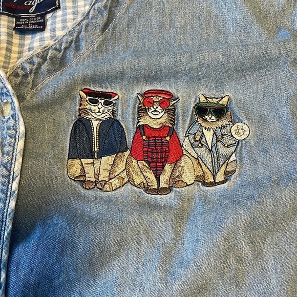 90s Cottage Cat Embroidered Cool Shirt Denim Granny Large Jean Blue Catlady - Picture 12 of 16